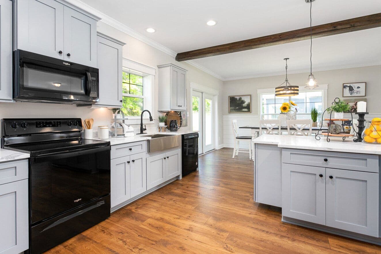 Farmhouse i two story kitchen home features