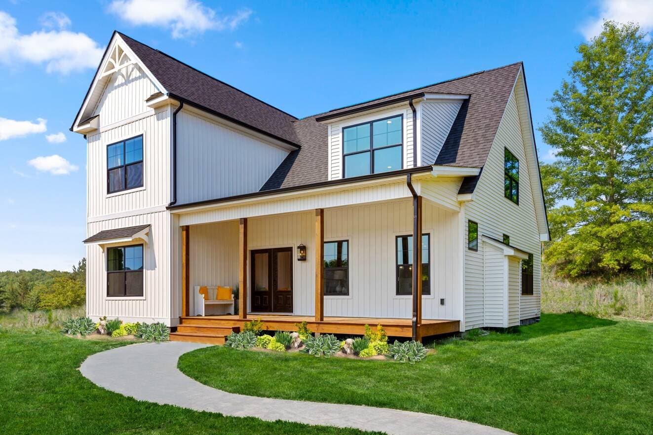 Farmhouse i two story exterior home features