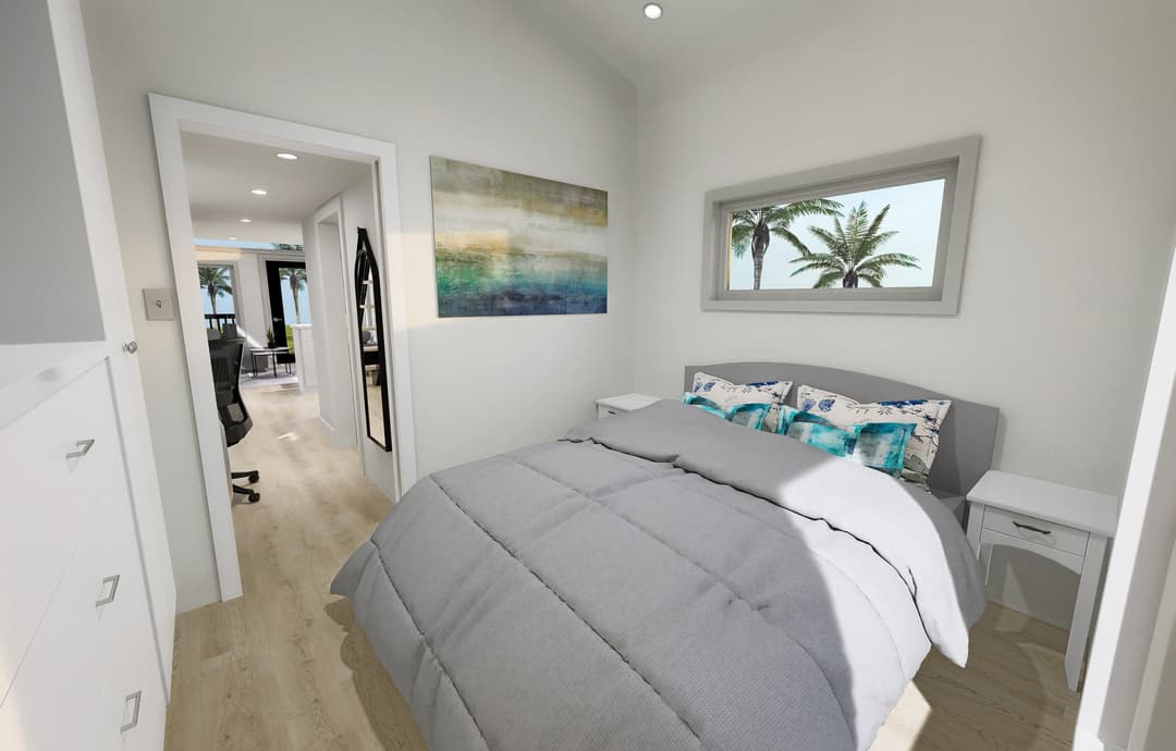 The cityscape oasis bedroom home features