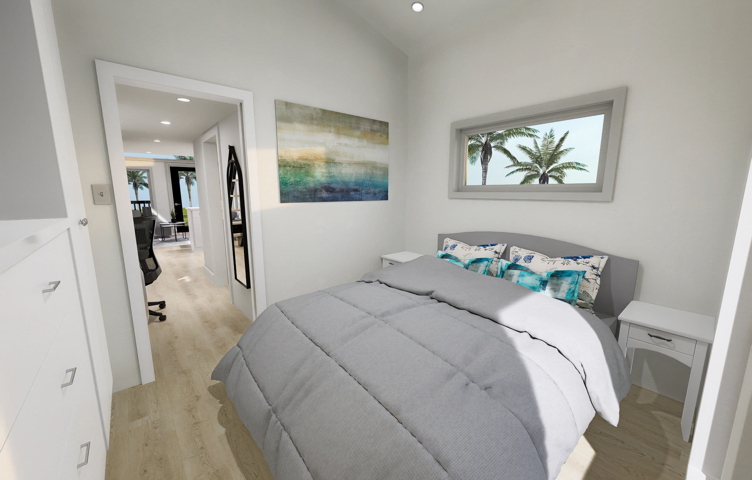The cityscape oasis bedroom home features