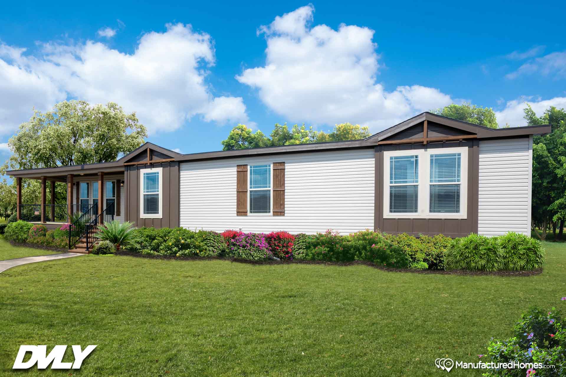 The adriel corner ½ rock fireplace hero, elevation, and exterior home features