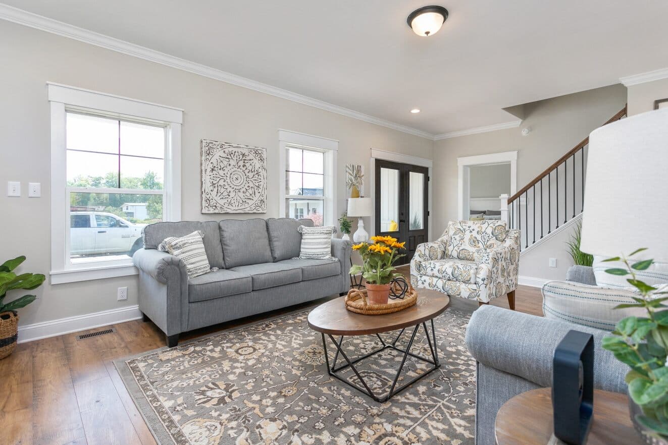 Farmhouse i two story interior home features