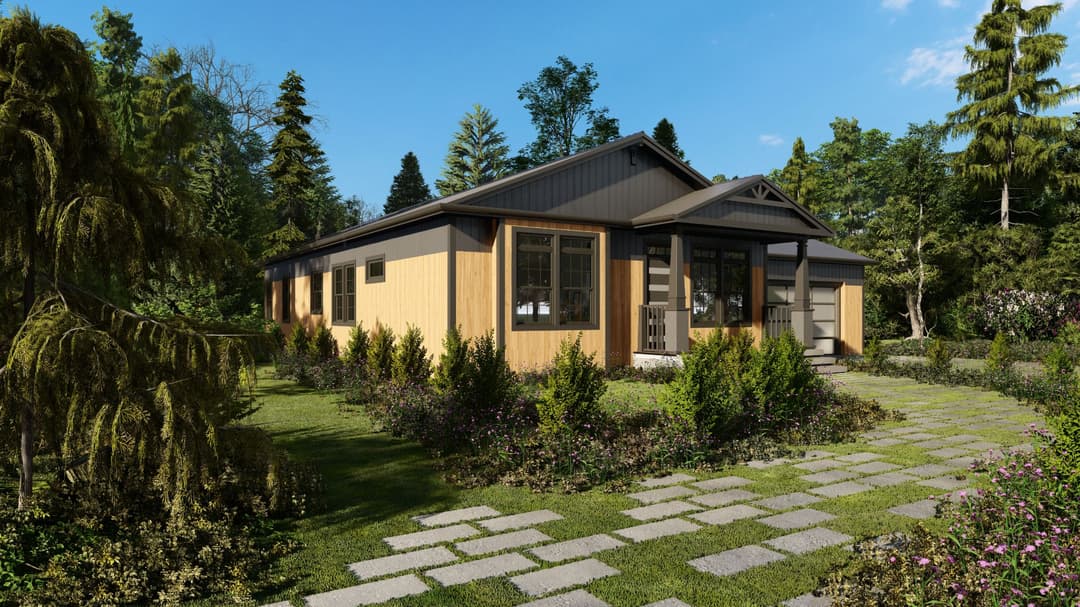 Model 14 hero, elevation, and exterior home features