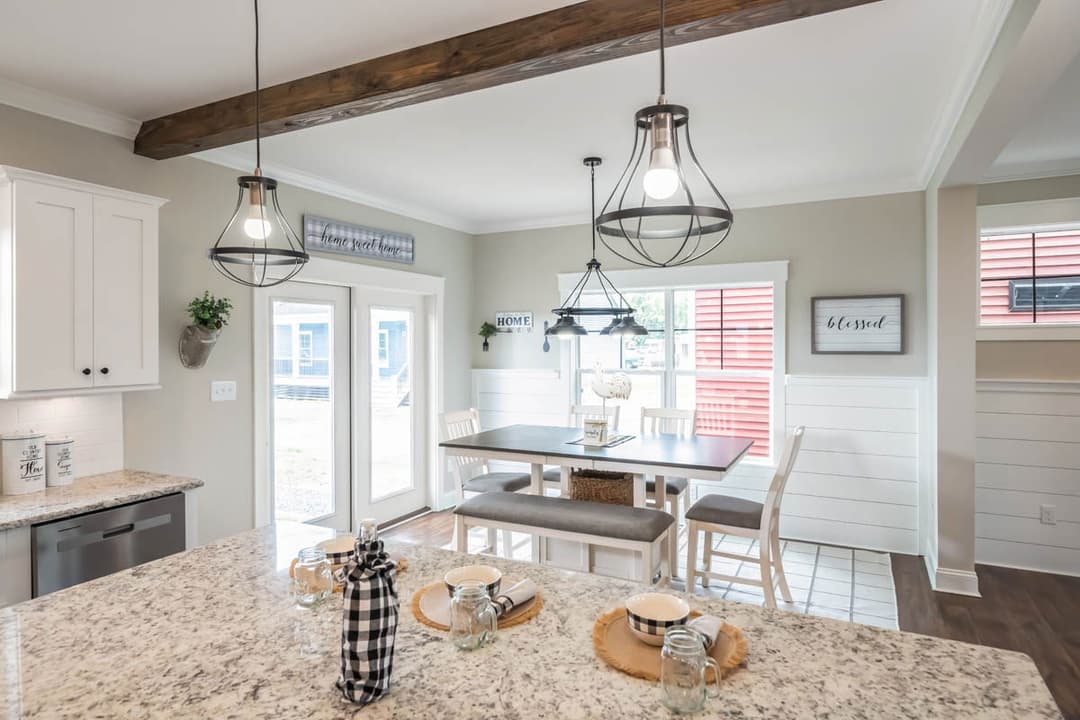 Farmhouse i two story interior home features