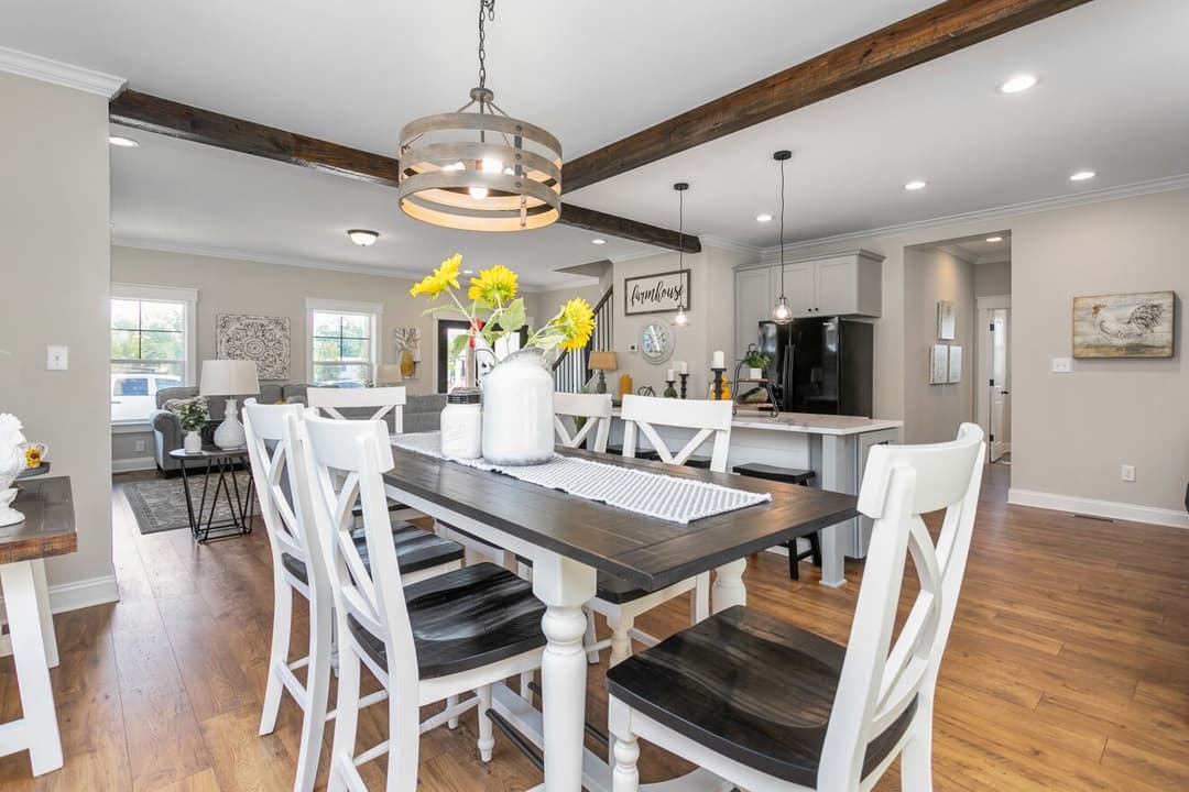 Farmhouse i two story interior home features