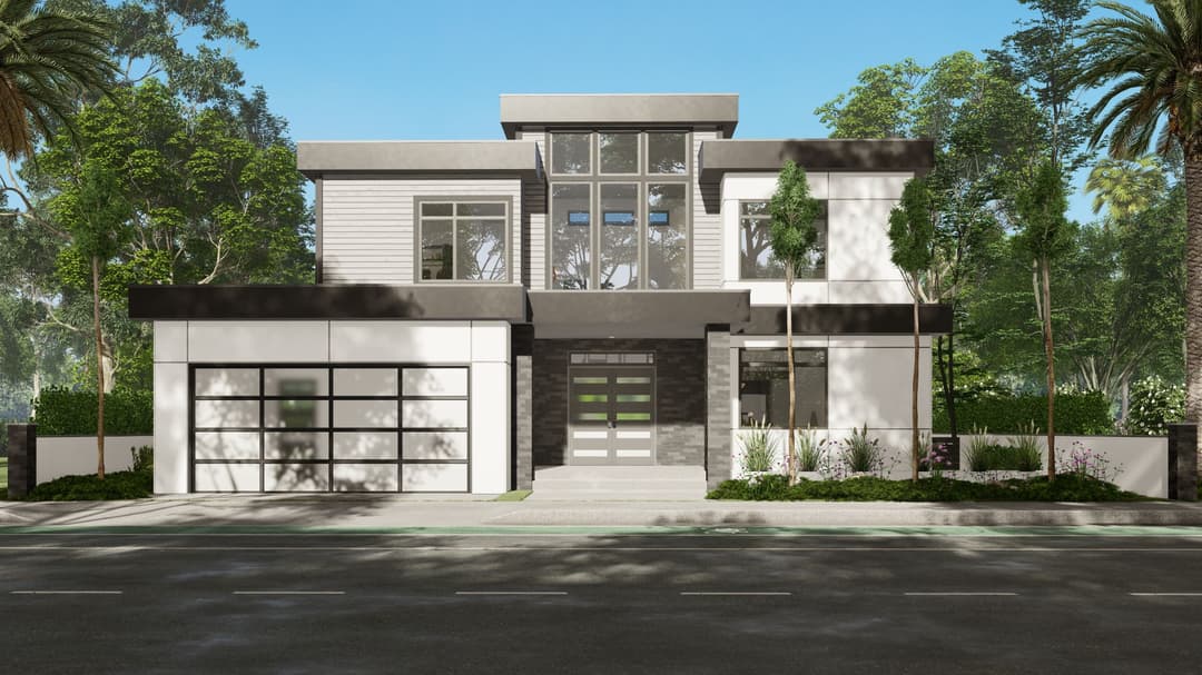 Model 1 elevation, exterior, and hero home features