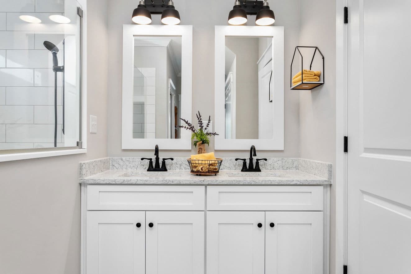 Farmhouse i two story bathroom home features