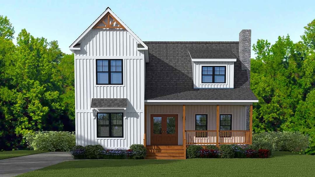 Farmhouse i two story elevation and exterior home features