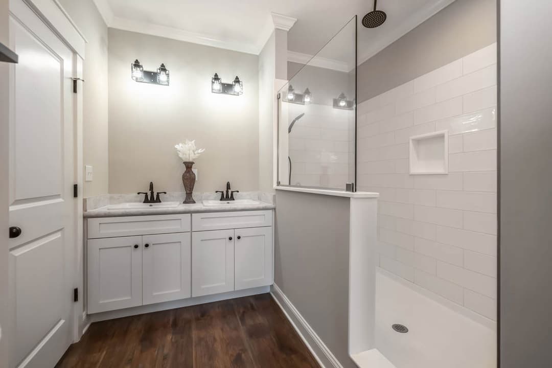 Farmhouse i two story bathroom home features